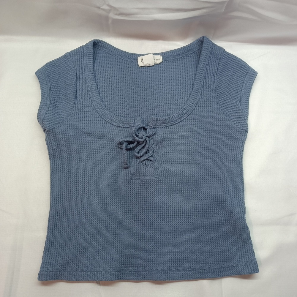 Outlaw Womens S Blue Waffle Knit Lace Up Front Cap Sleeve Thermal Cropped Top‎